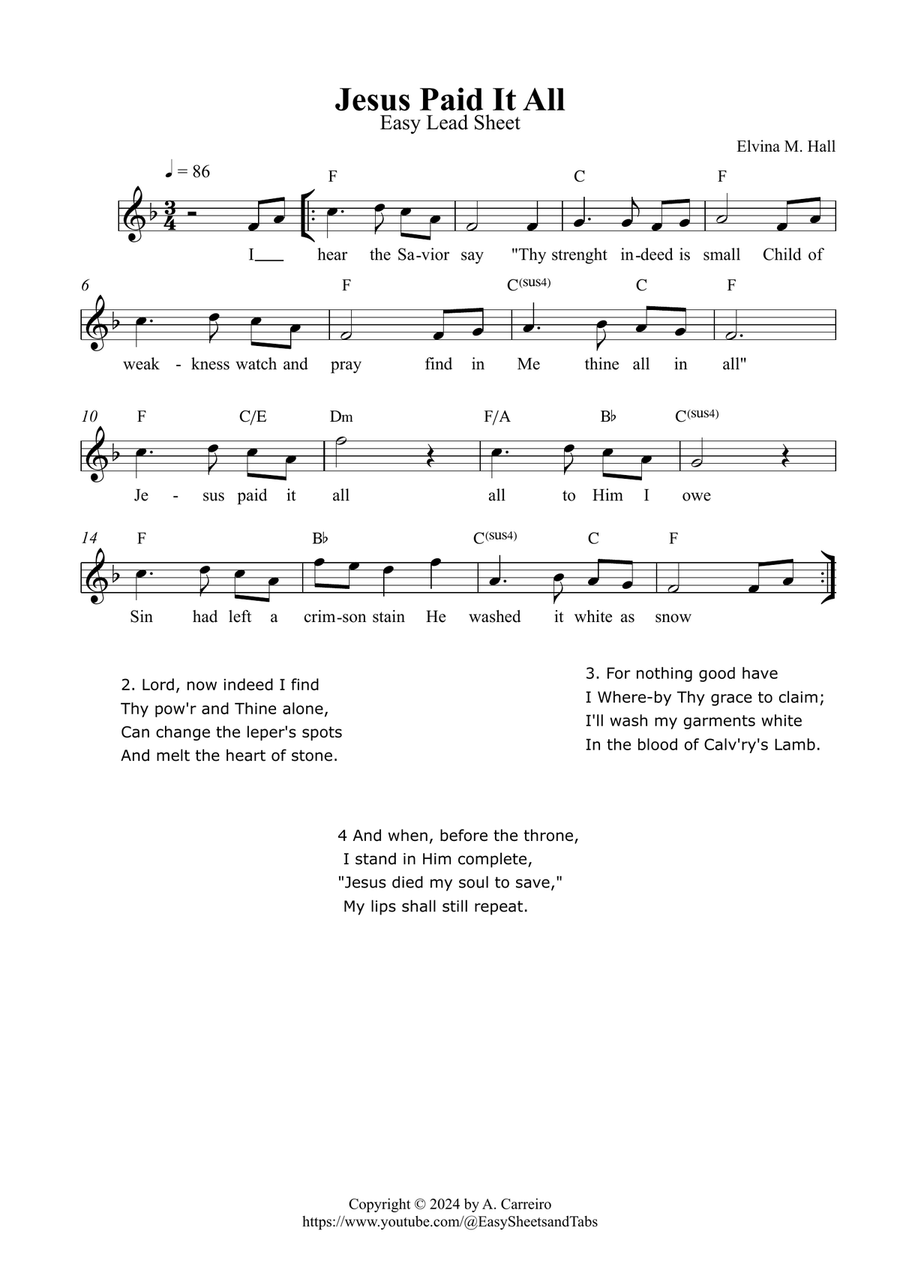 Jesus Paid It All - Easy Lead Sheet ( F major) Piano scores gallery preview page 1