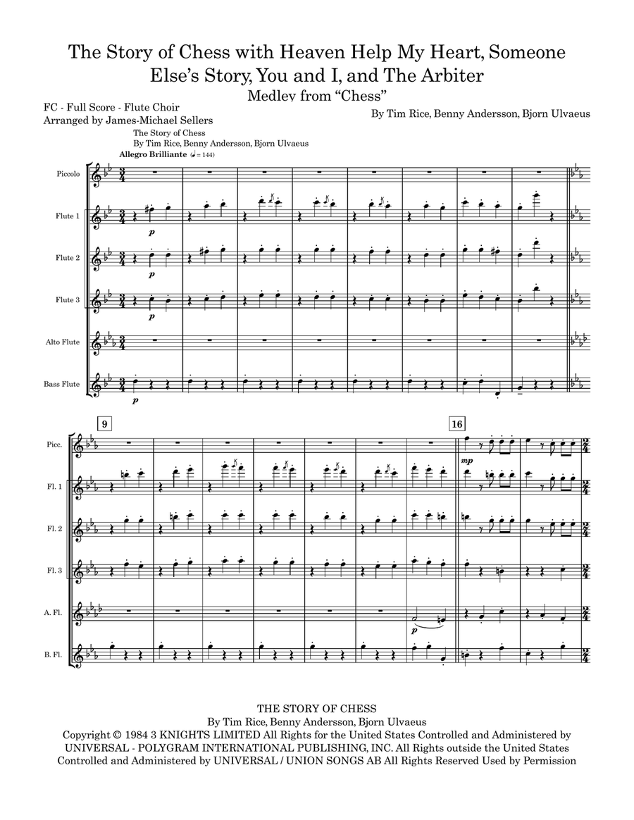 Medley: The Story Of Chess with Heaven Help My Heart, Someone Else's Story, You And I, and The Ar... Flute Choir scores gallery preview page 1