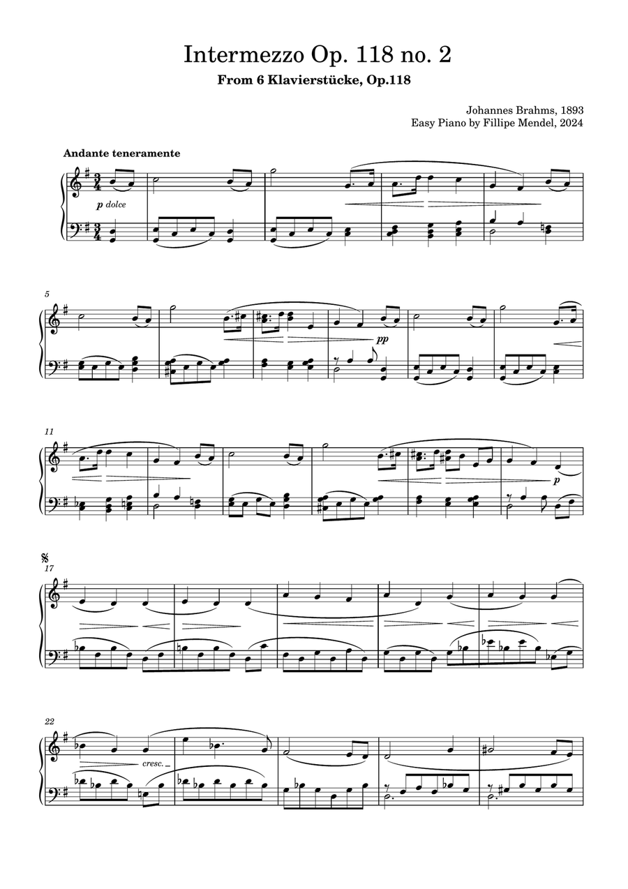 Brahms - Intermezzo Op. 118 no. 2 Easy Piano scores gallery preview page 1