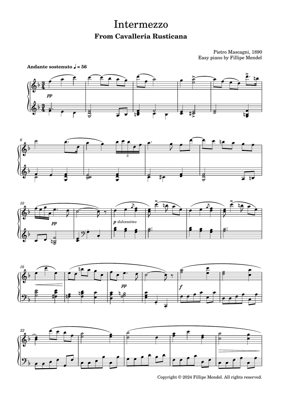 Pietro Mascagni - Intermezzo From Cavalleria Rusticana (easy piano) Easy Piano scores gallery preview page 1