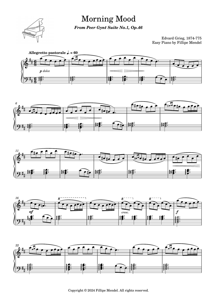 Grieg - Morning Mood From Peer Gynt Suite No.1, Op.46 Easy Piano scores gallery preview page 1