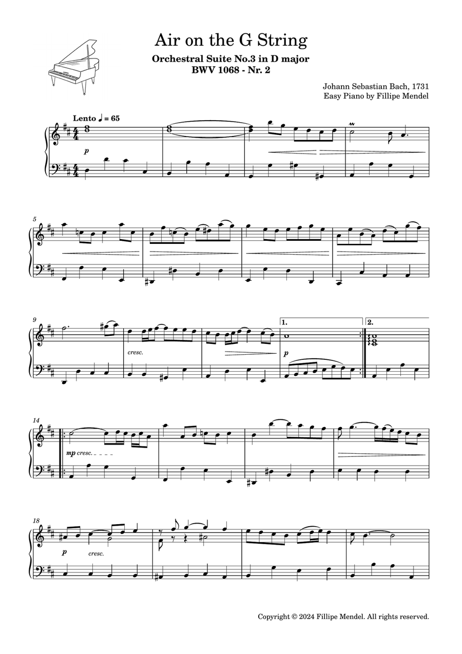 Bach - Air on the G String from Orchestral Suite No.3 in D major, BWV 1068 - Nr. 2 Easy Piano scores gallery preview page 1