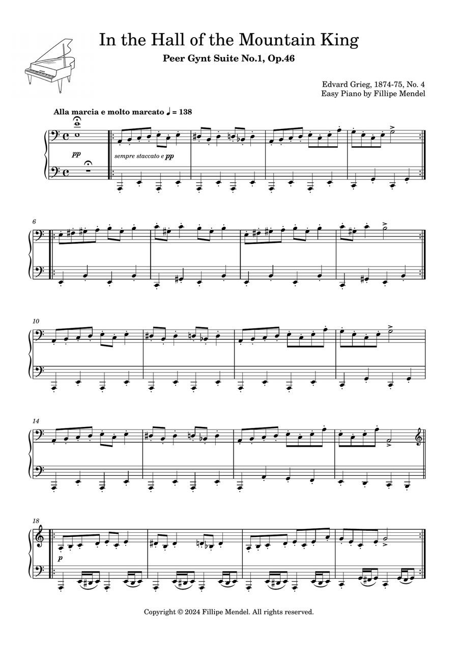 Grieg - In the Hall of the Mountain King from Peer Gynt Suite No.1, Op.46 (easy piano) Easy Piano scores gallery preview page 1