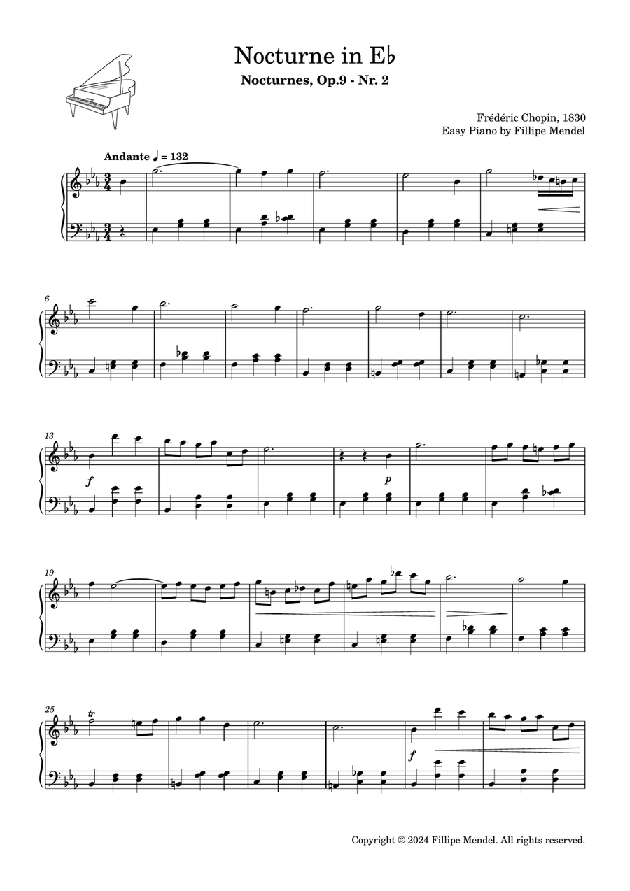 Chopin - Nocturne in E♭ (easy piano) Easy Piano scores gallery preview page 1