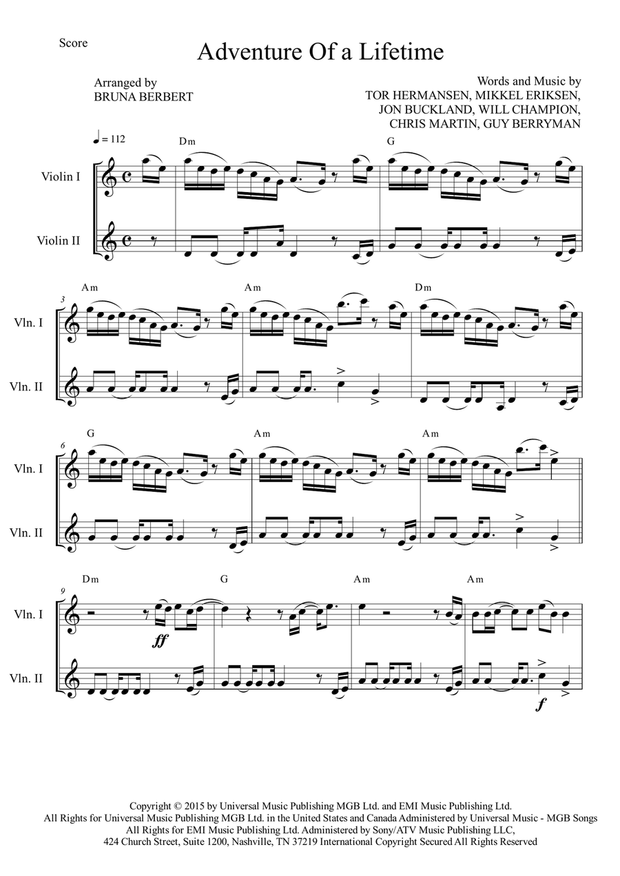 Adventure Of A Lifetime Adventure Of A Lifetime String Duet scores gallery preview page 1