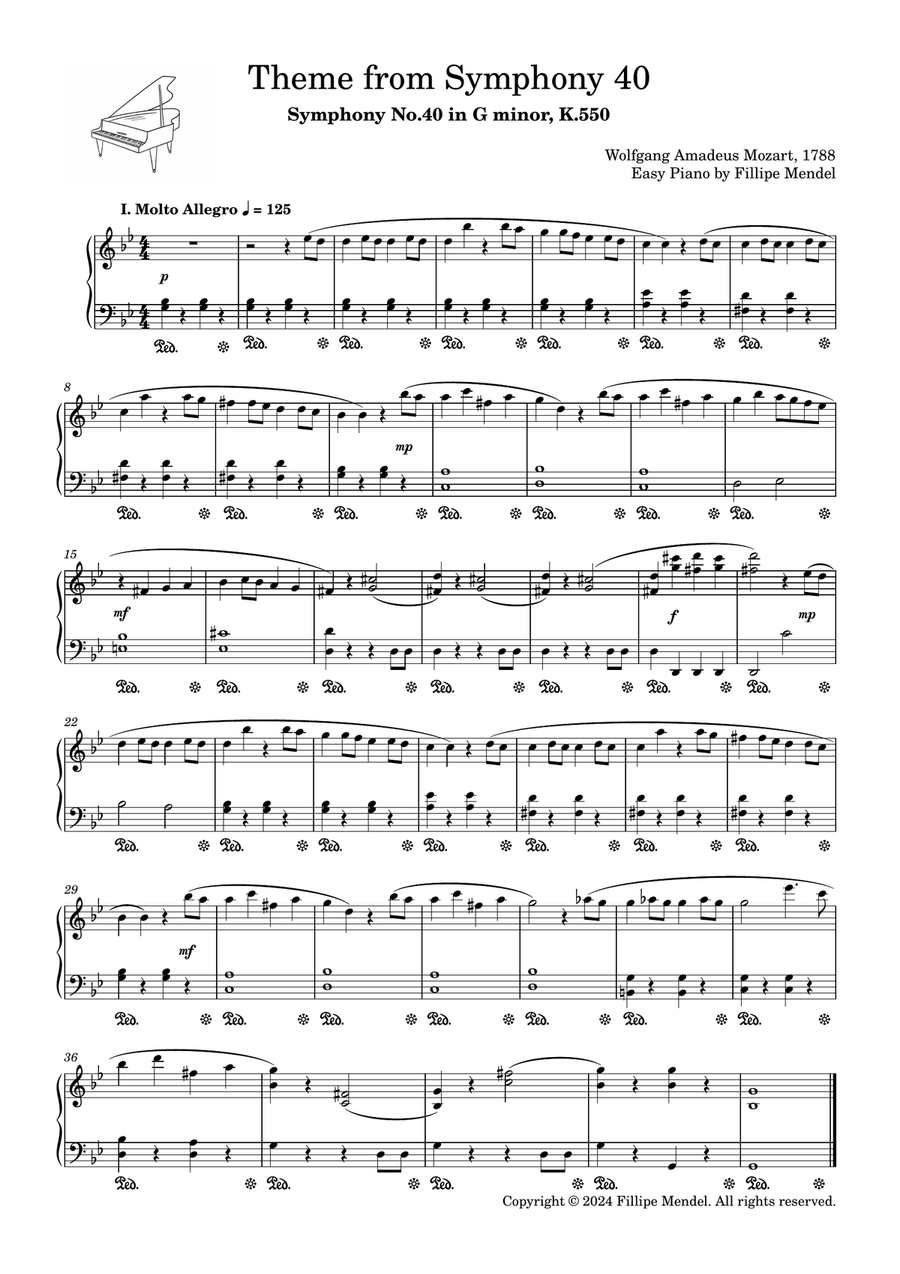 Mozart - Theme of Symphony 40 Easy Piano scores gallery preview page 1