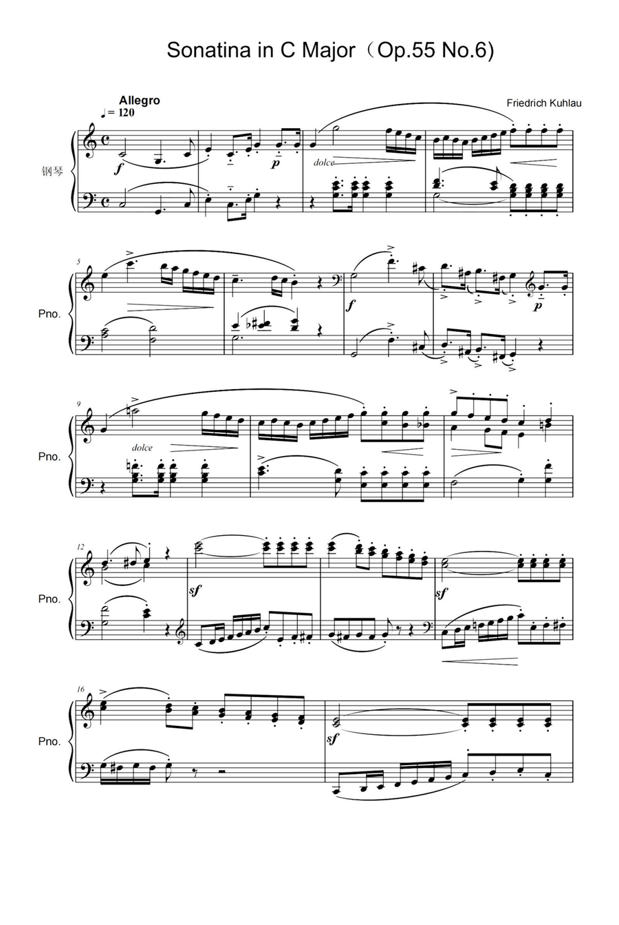 Sonatina in C Major（Op.55 No.6) - Friedrich Kuhlau Piano Solo scores gallery preview page 1