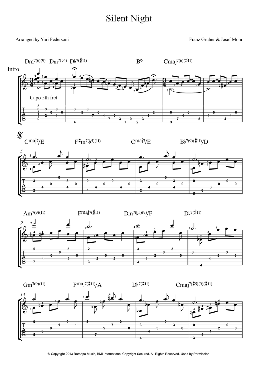 Silent Night (Franz Gruber & Josef Mohr) - Fingerstyle Guitar TAB (standard tuning) Fingerpicking Guitar scores gallery preview page 1