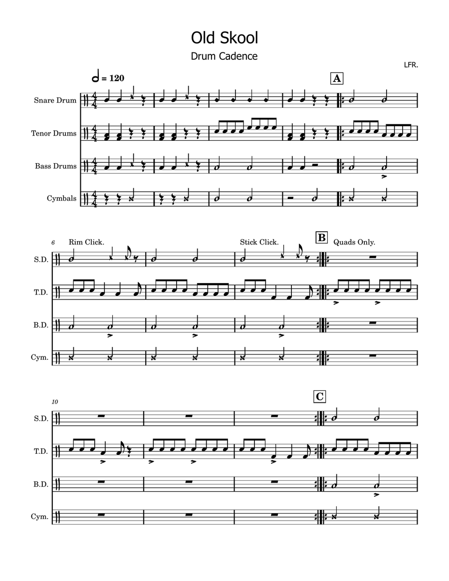Old Skoo - Drum Cadence. Old Skoo - Drum Cadence. Percussion Ensemble scores gallery preview page 1