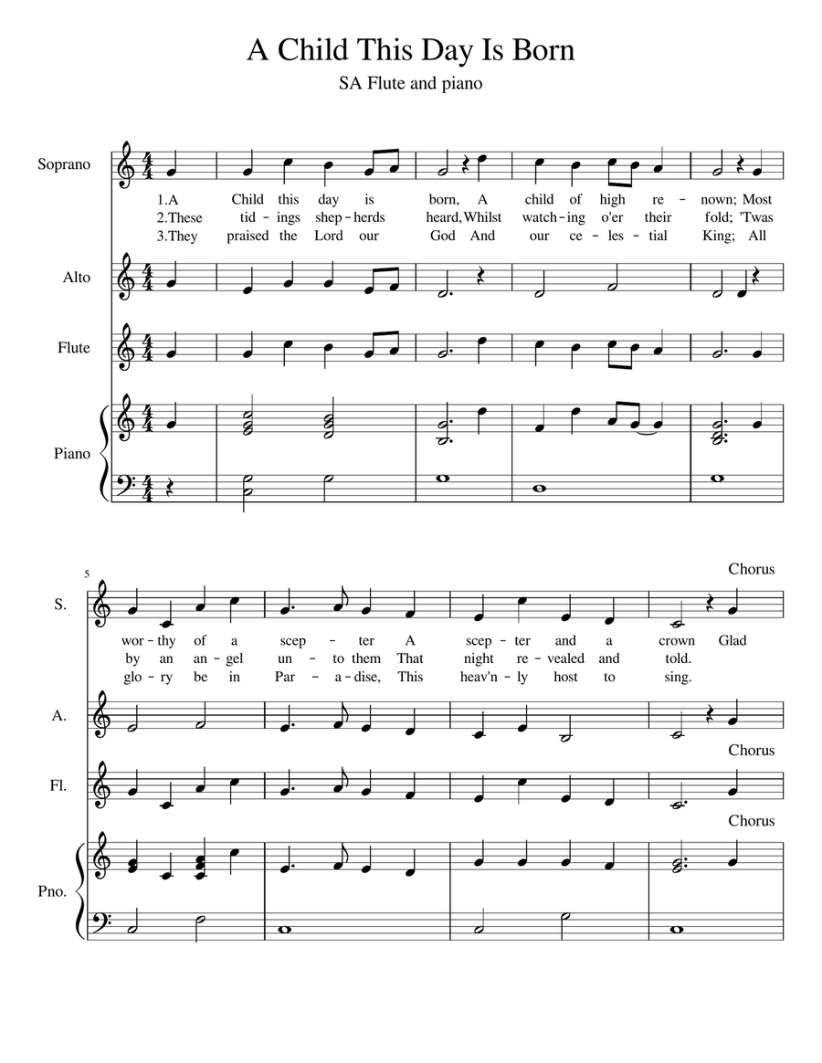 A Child This Day Is Born (SA Flute and Piano) - Score Only SA scores gallery preview page 1