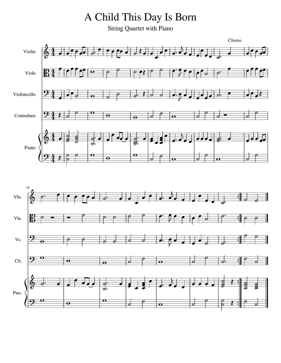 A Child This Day Is Born (String Quartet and Piano) String Quartet scores gallery preview page 1