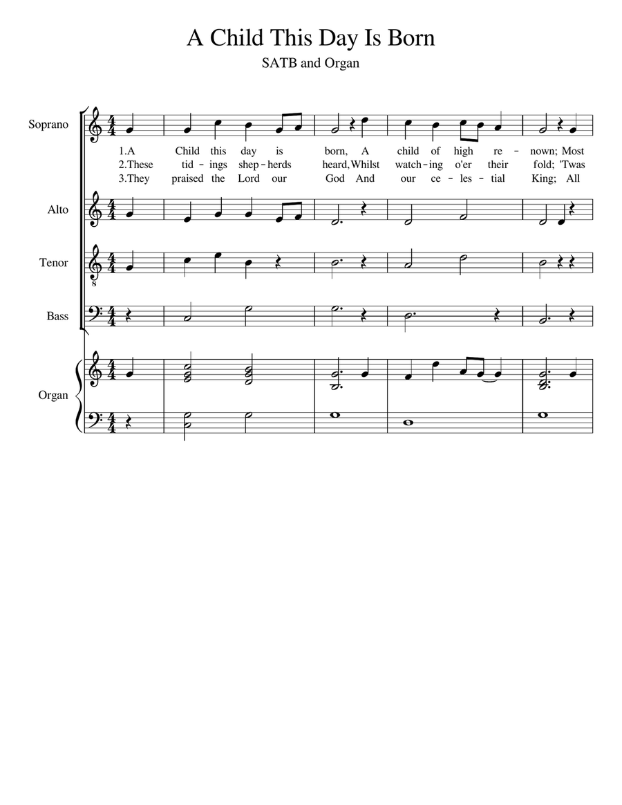 A Child This Day Is Born (SATB and Organ) 4-Part scores gallery preview page 1