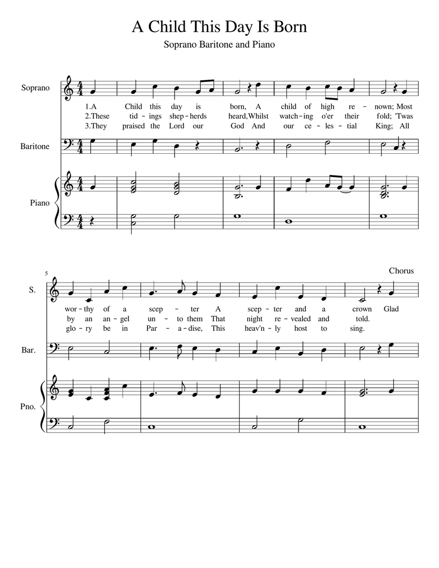 A Child This Day Is Born (Soprano Baritone and Piano) 2-Part scores gallery preview page 1