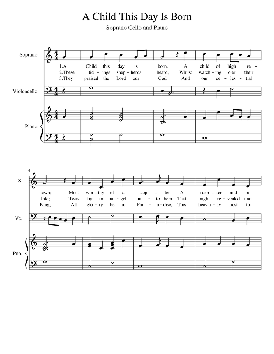 A Child This Day Is Born (Soprano Cello and Piano) Soprano Voice scores gallery preview page 1