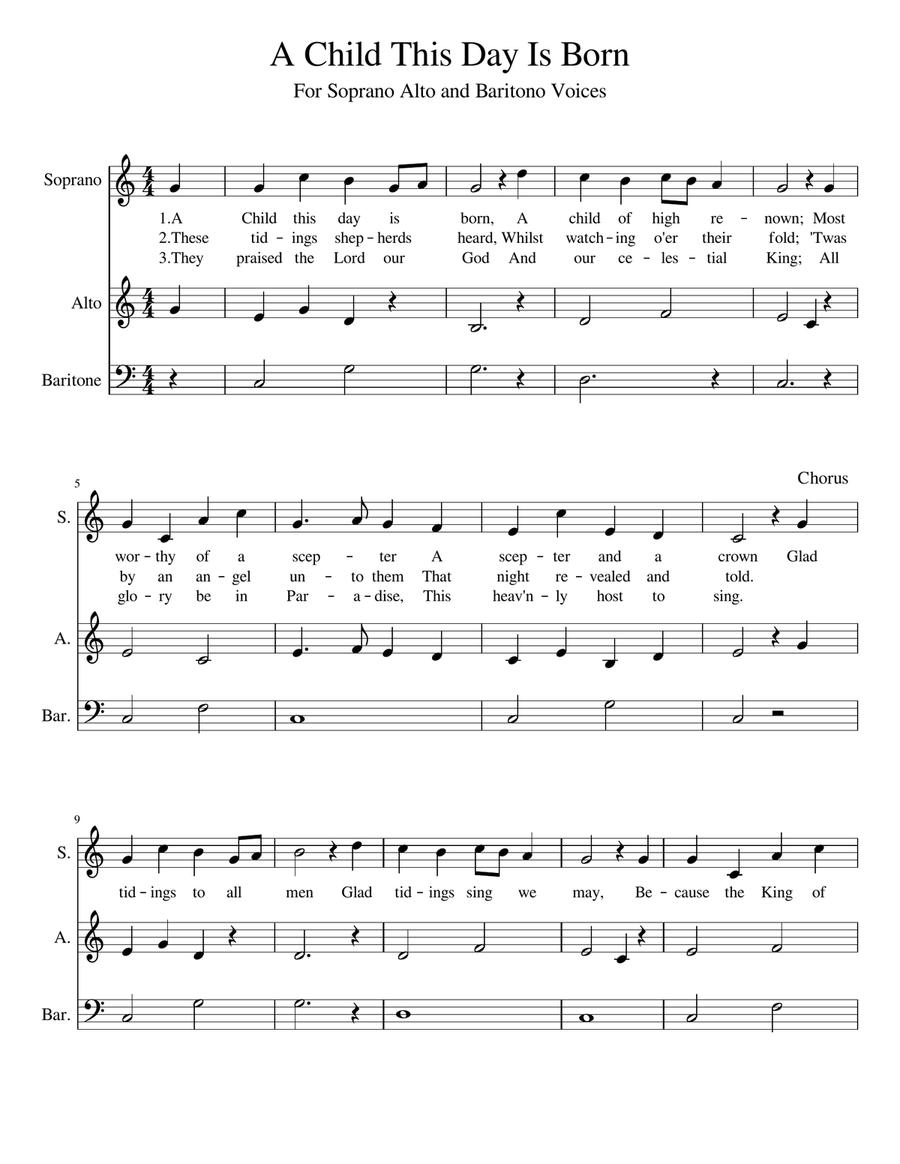 A Child This Day Is Born (SAB Choir) 3-Part scores gallery preview page 1