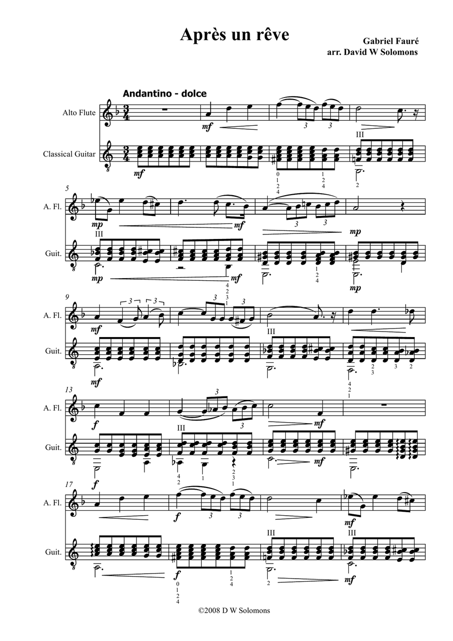 Fauré: Après un rêve (After a dream) arranged for alto flute and guitar Flute scores gallery preview page 1
