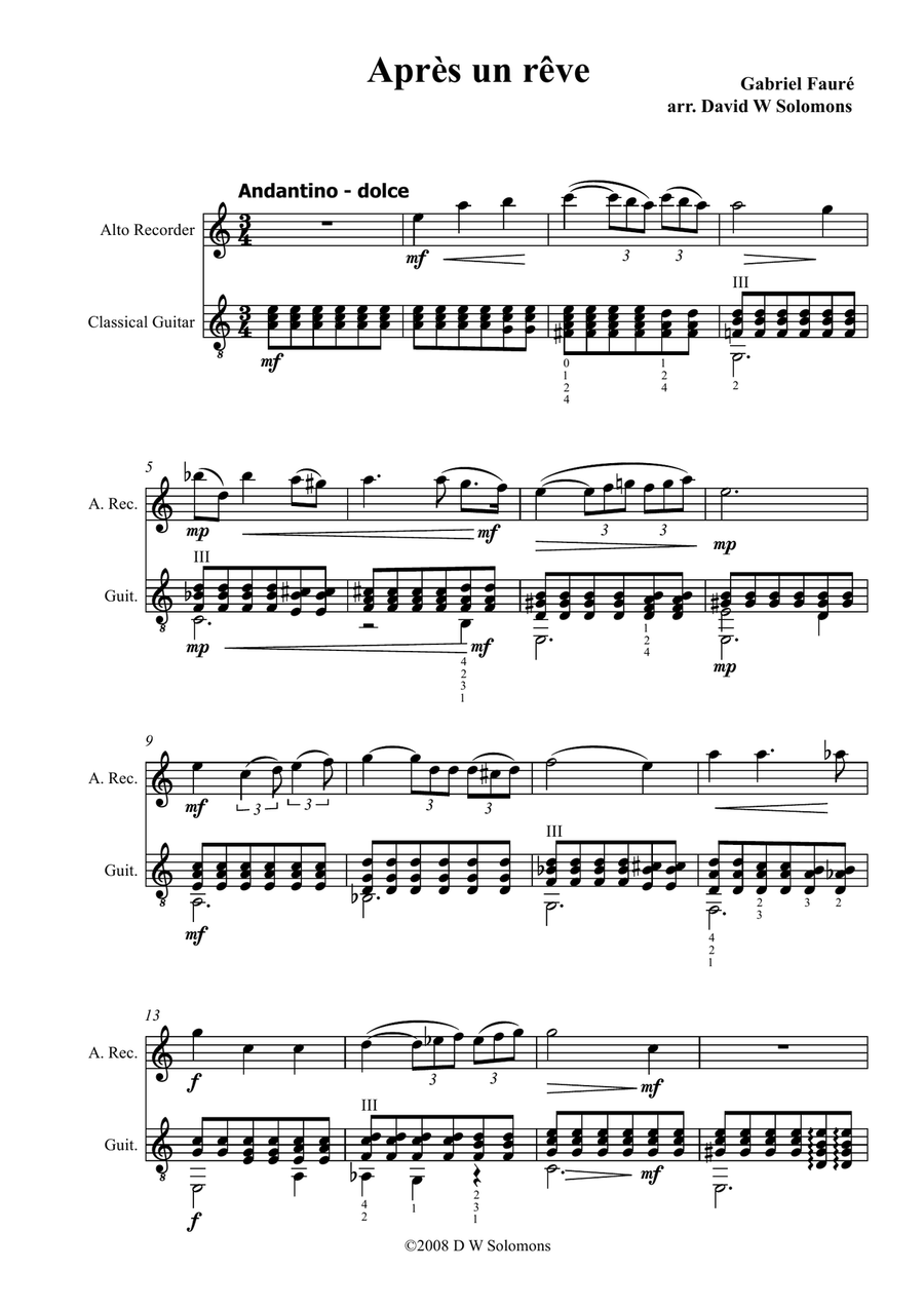 Fauré: Après un rêve (After a dream) arranged for alto recorder and guitar Alto Recorder scores gallery preview page 1