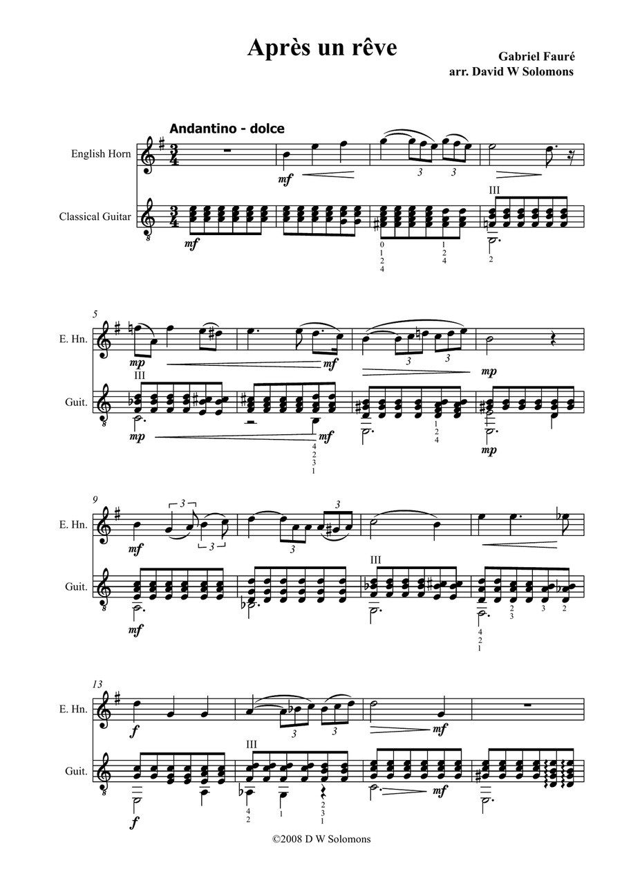 Fauré: Après un rêve (After a dream) arranged for cor anglais and guitar English Horn scores gallery preview page 1
