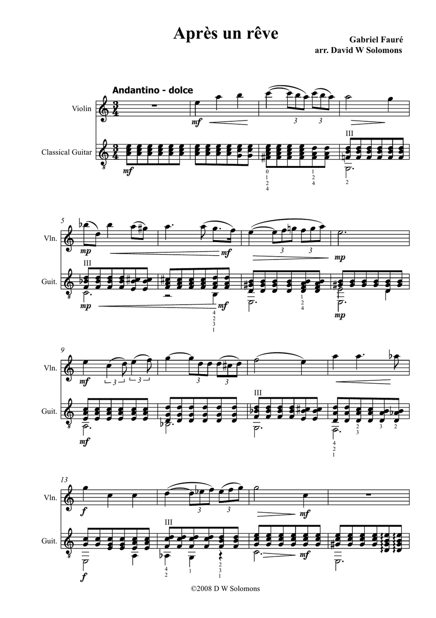 Fauré: Après un rêve (After a dream) arranged for violin and guitar String Duet scores gallery preview page 1