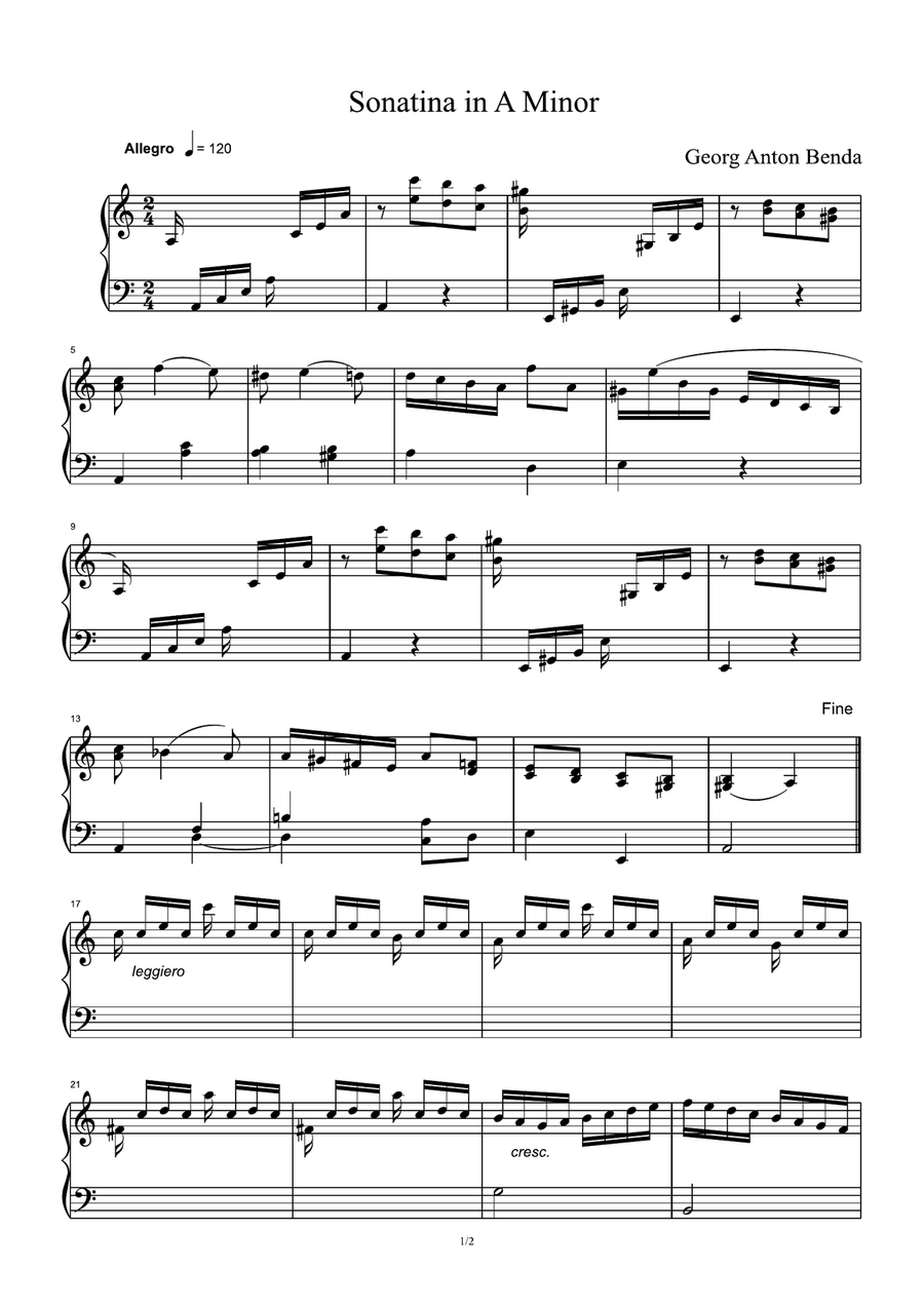 Sonatina in A Minor - Georg Benda Piano Solo scores gallery preview page 1