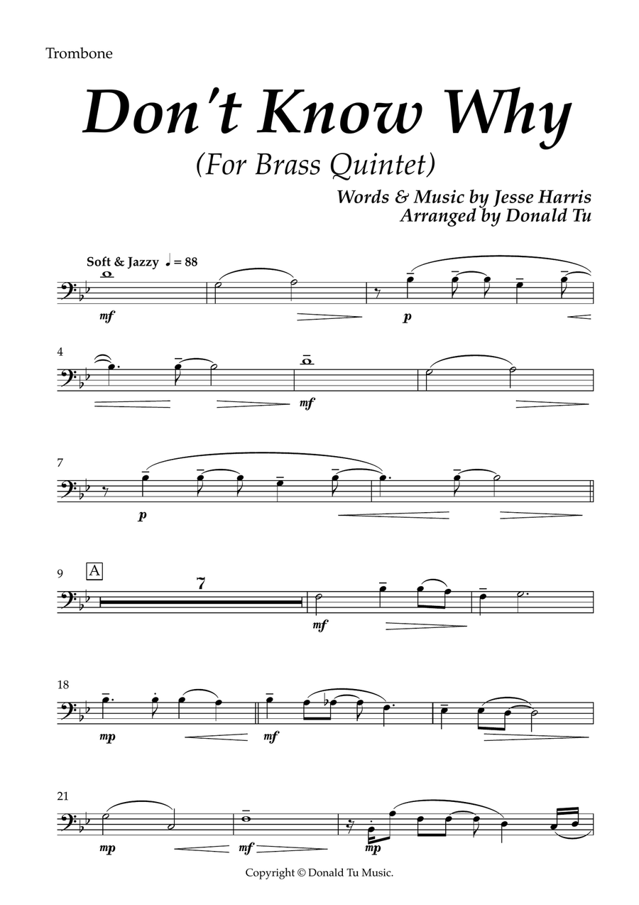 Don't Know Why - Brass Quintet - Trombone Brass Quintet scores gallery preview page 1