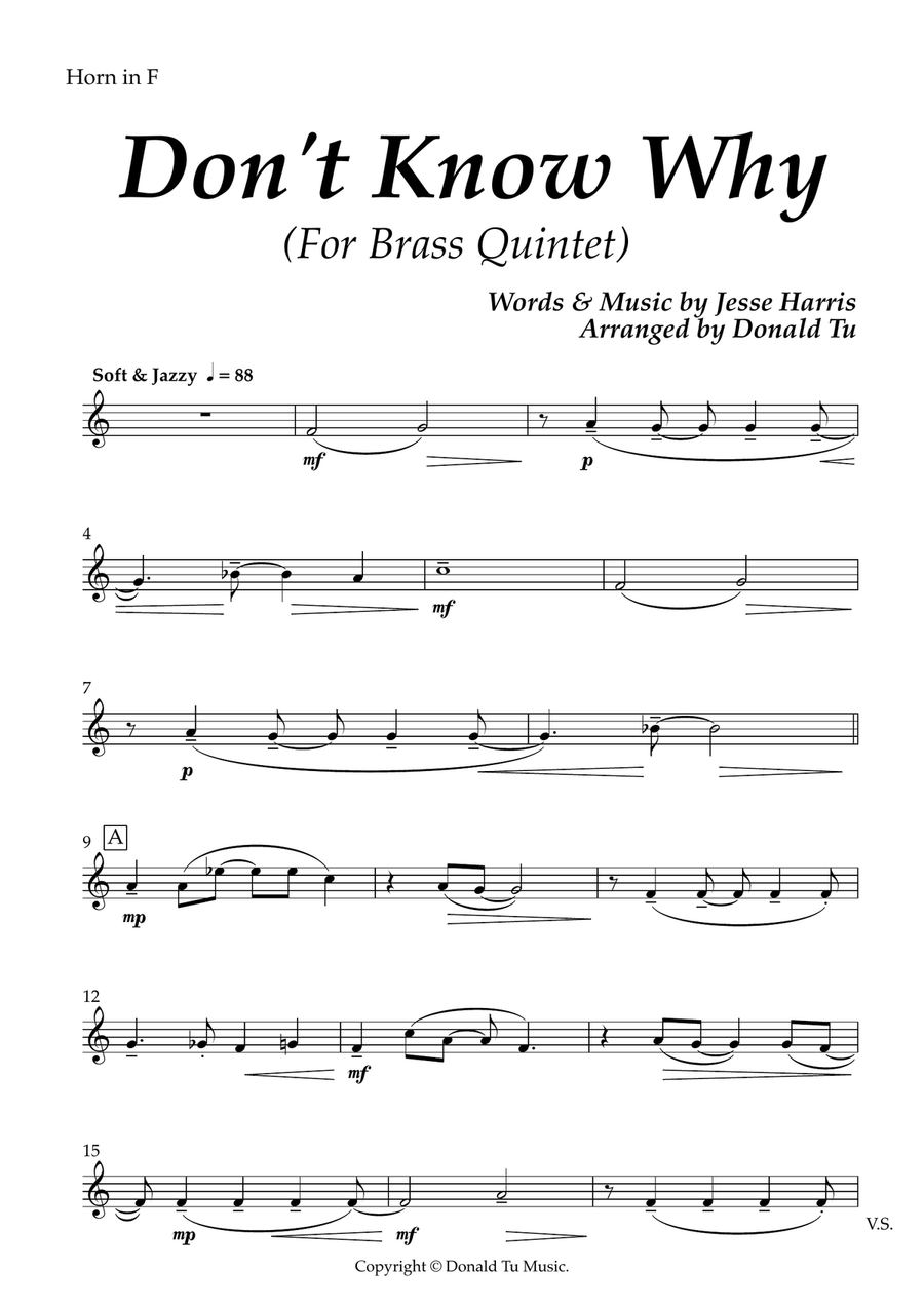 Don't Know Why - Brass Quintet - Horn in F Brass Quintet scores gallery preview page 1