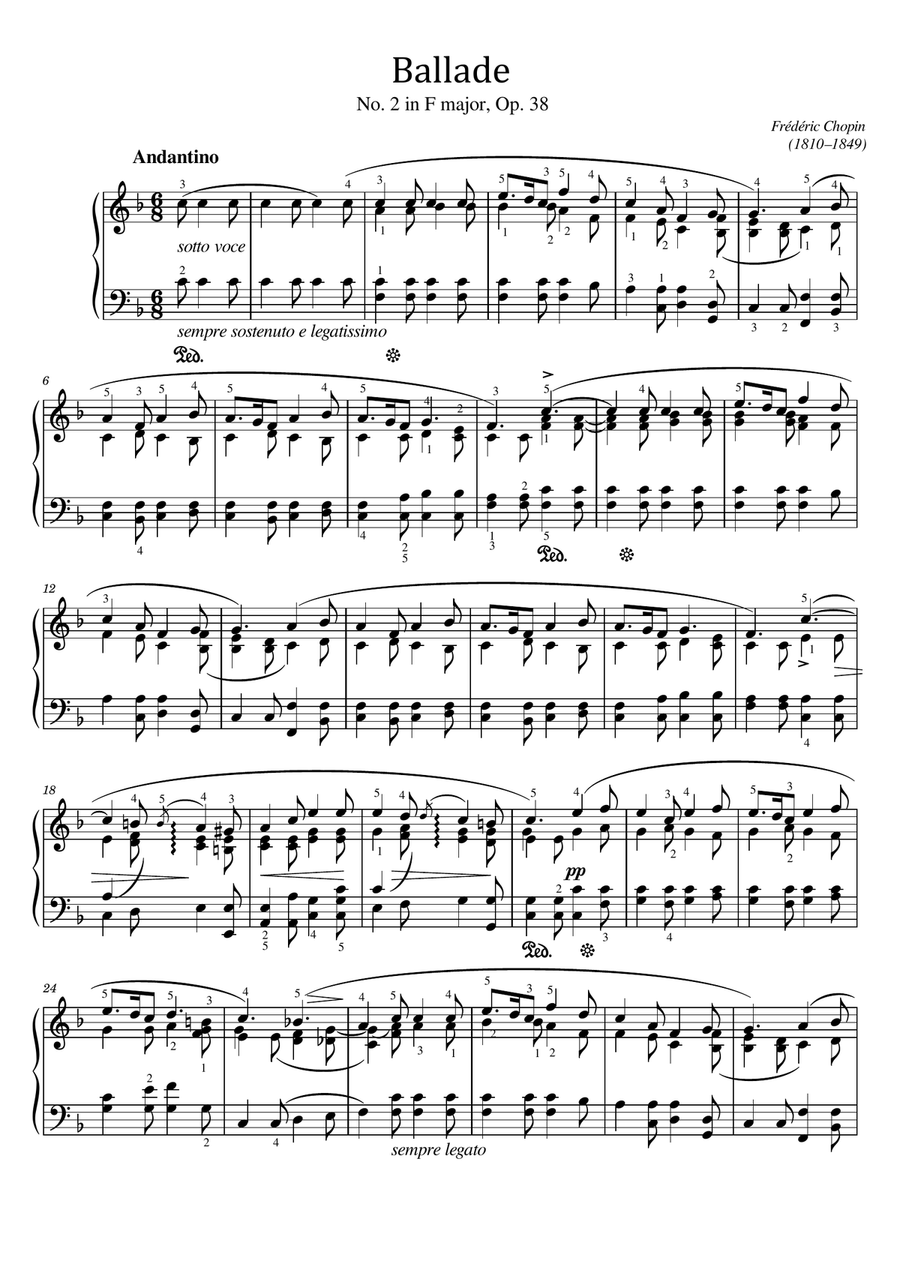 Chopin - Ballade No.2, Op.38 In F Major, Original for Piano Solo With Fingering Piano Solo scores gallery preview page 1