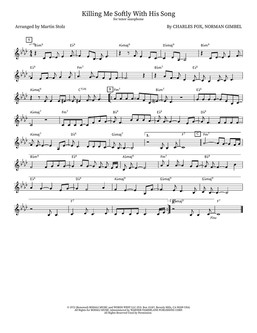 Killing Me Softly With His Song Tenor Saxophone scores gallery preview page 1