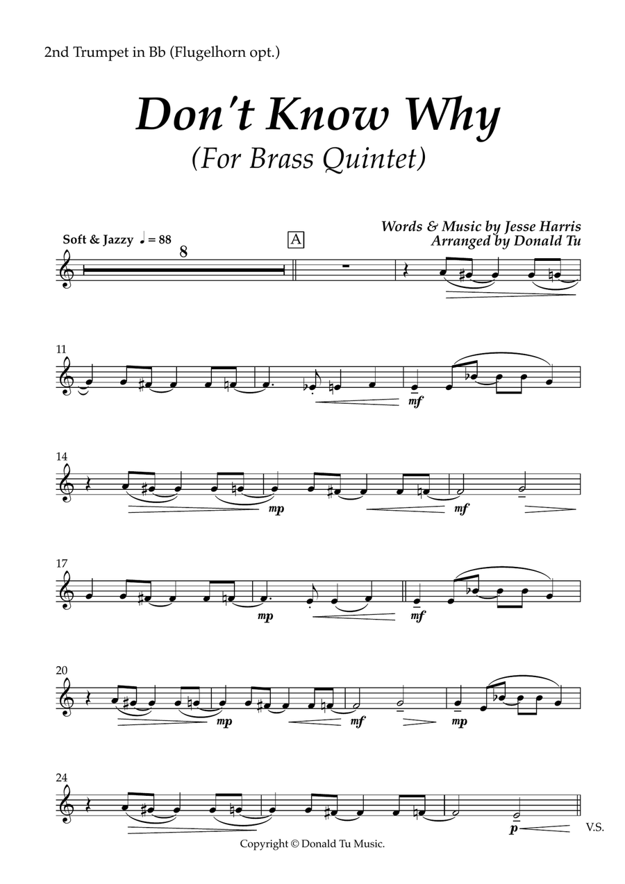 Don't Know Why - Brass Quintet short ver. - 2nd Trumpet in Bb (Flugelhorn opt.) Brass Quintet scores gallery preview page 1