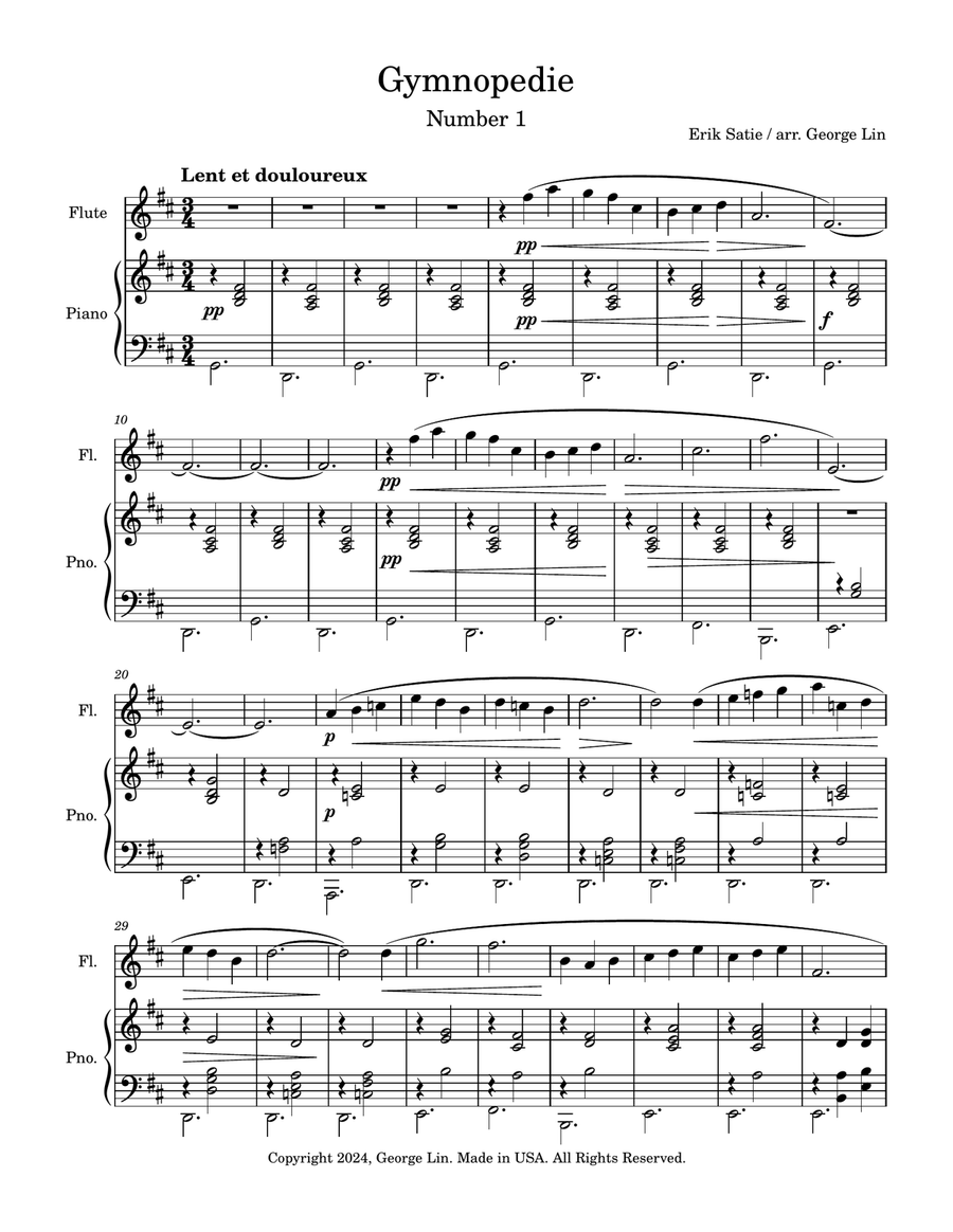 Gymnopédie (Number 1 thorugh Number 3) - by Erik Satie. For Solo Flute and piano accompaniment. Chamber Music scores gallery preview page 1