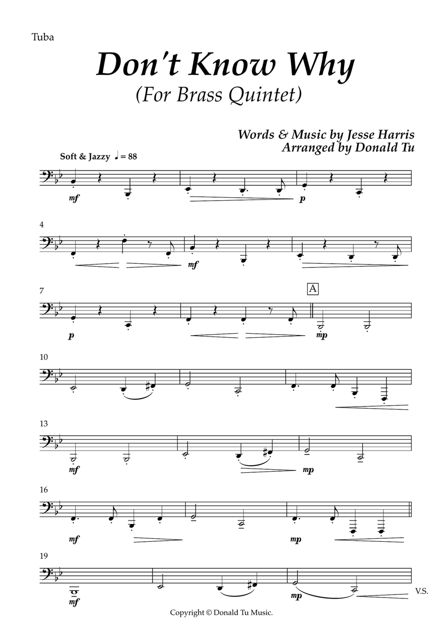 Don't Know Why - Brass Quintet short ver. - Tuba Brass Quintet scores gallery preview page 1