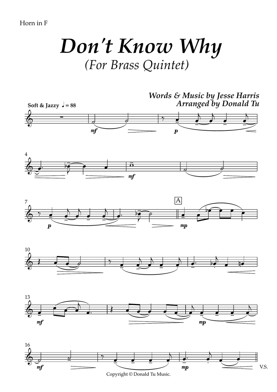 Don't Know Why - Brass Quintet short ver. - Horn in F Brass Quintet scores gallery preview page 1