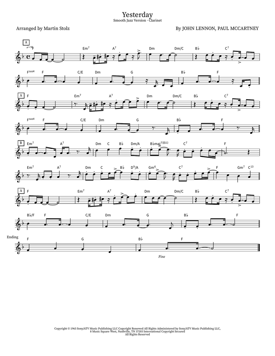 Yesterday Yesterday Clarinet scores gallery preview page 1