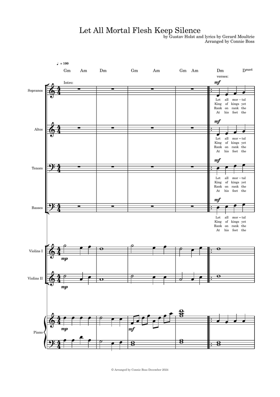 Let All Mortal Flesh Keep Silence SATB violin duet and Piano 4-Part scores gallery preview page 1