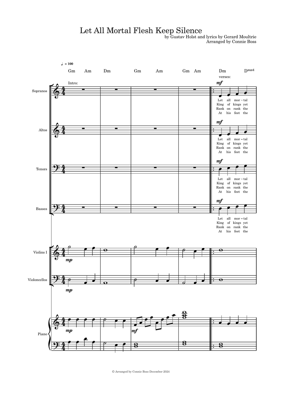 Let All Mortal Flesh Keep Silence SATB violin cello duet and Piano 4-Part scores gallery preview page 1