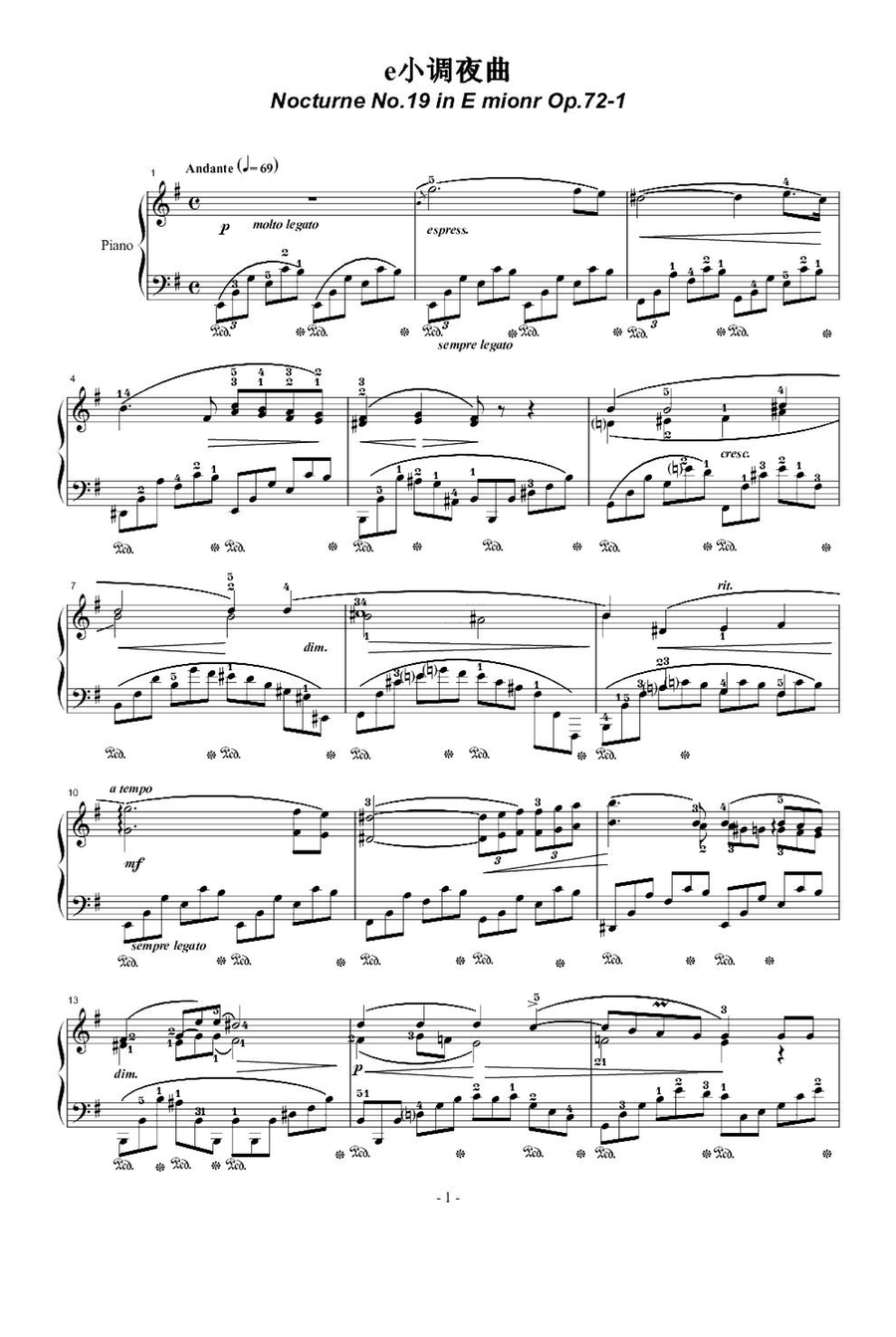 Nocturne No. 19 in E Minor Op.72-1 - Fryderyk Franciszek Chopin Piano Solo scores gallery preview page 1
