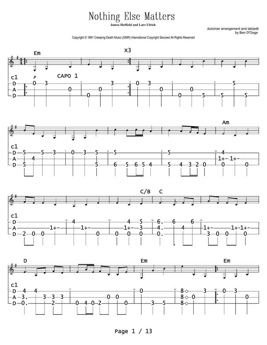 Nothing Else Matters Nothing Else Matters Dulcimer scores gallery preview page 1