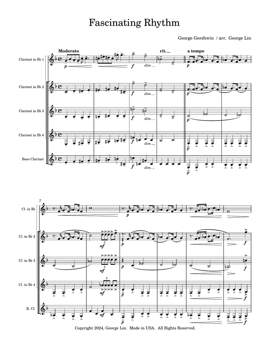 Fascinating Rhythm (George Gershwin). For (4) Bb clarinets and (1) Bass Clarinet Woodwind Ensemble scores gallery preview page 1