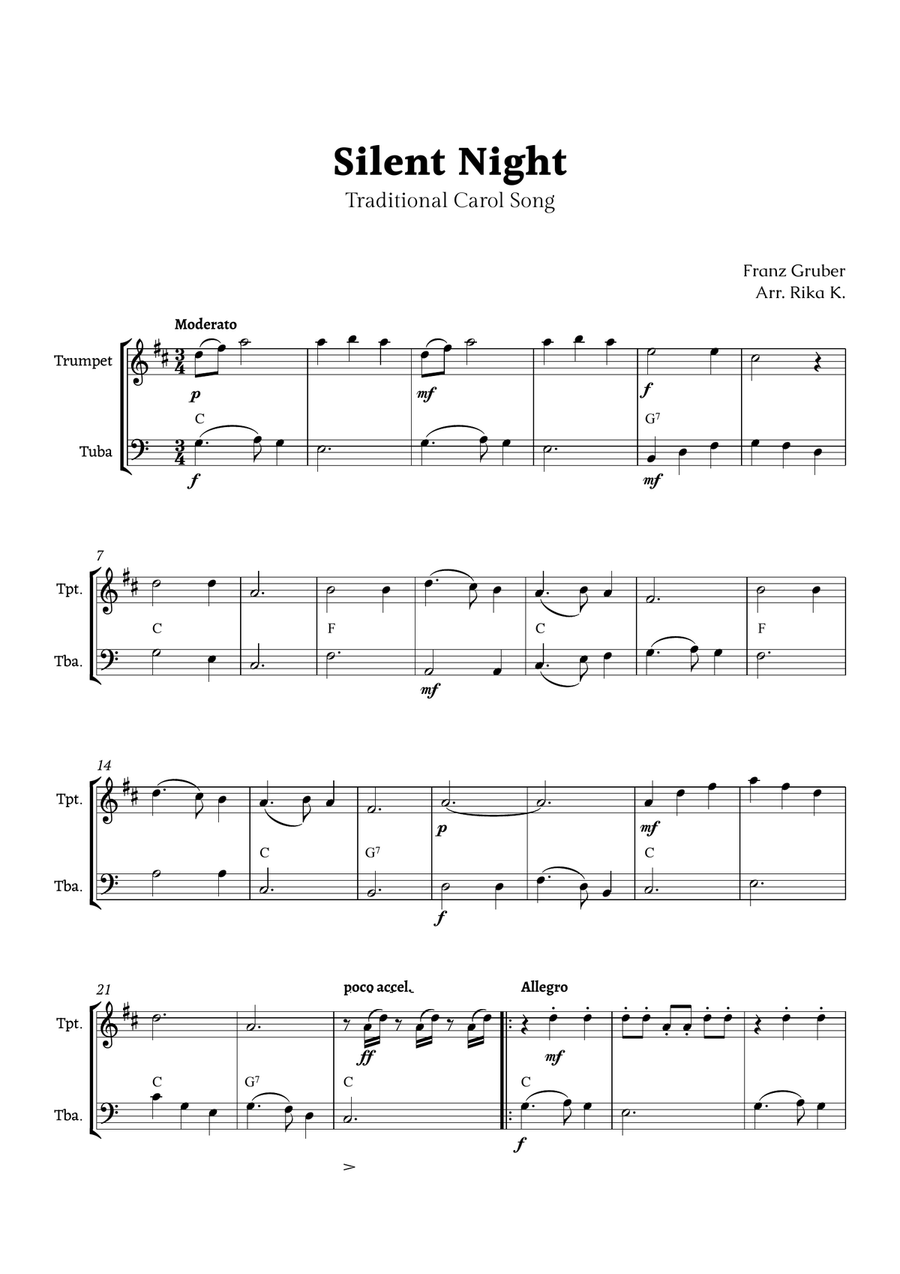 Silent Night for Trumpet and Tuba Duet Brass Duet scores gallery preview page 1