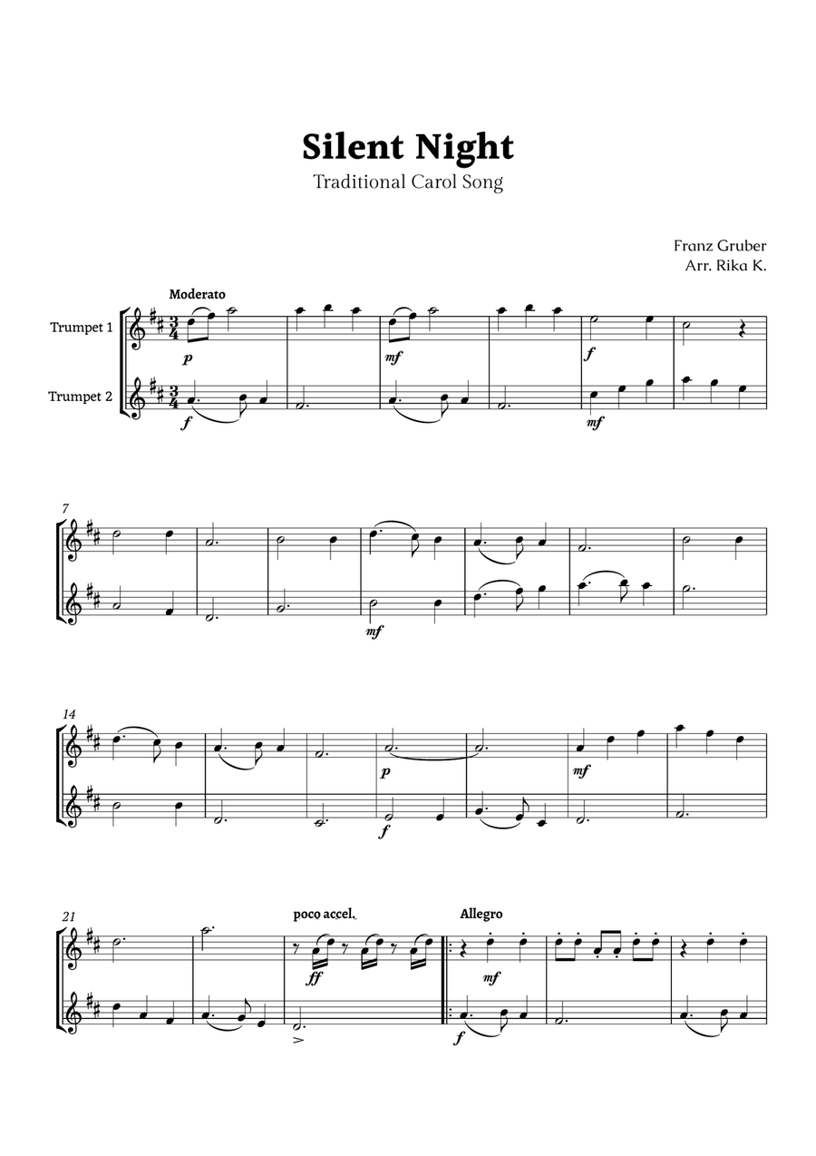 Silent Night for Trumpet Duet Trumpet Duet scores gallery preview page 1