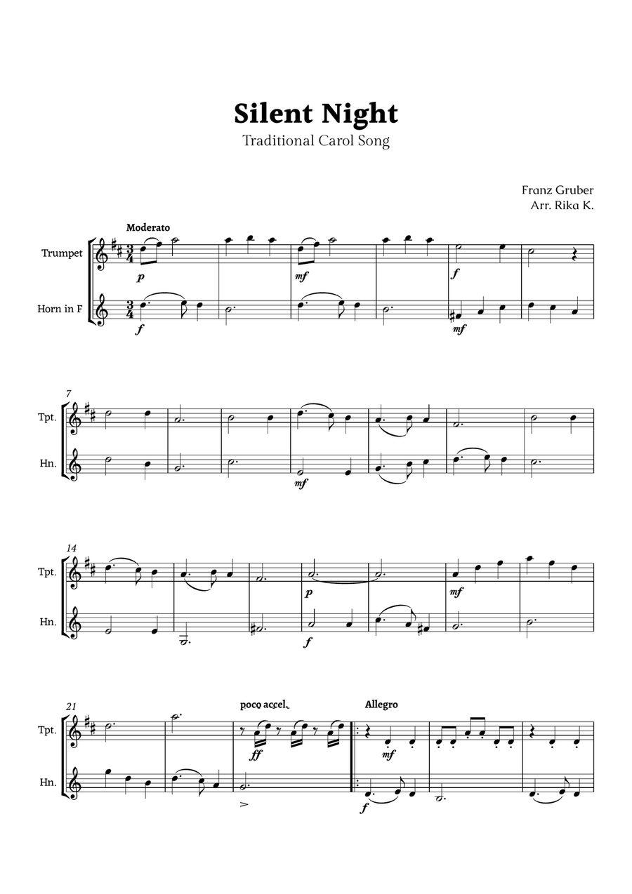 Silent Night for Trumpet and French Horn Duet Brass Duet scores gallery preview page 1