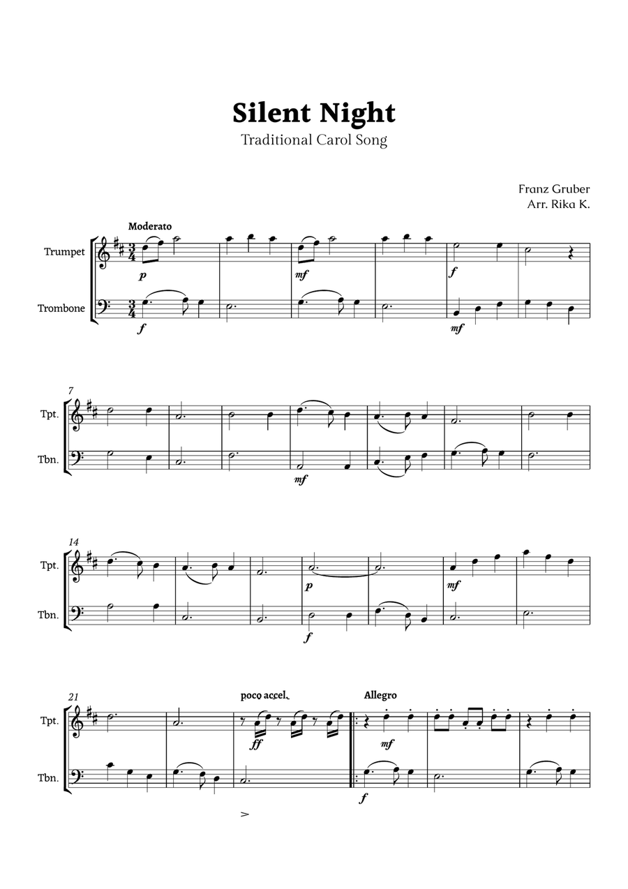 Silent Night for Trumpet and Trombone Duet Brass Duet scores gallery preview page 1