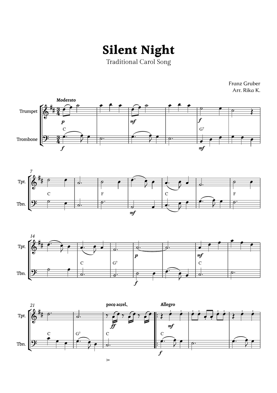 Silent Night for Trumpet and Trombone Duet with Chords Brass Duet scores gallery preview page 1