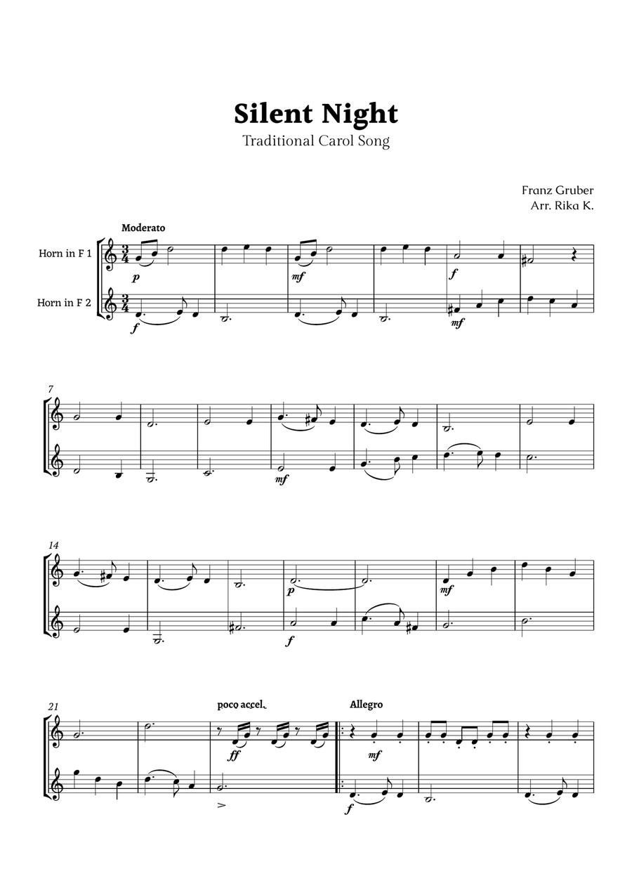 Silent Night for French Horn Duet Brass Duet scores gallery preview page 1