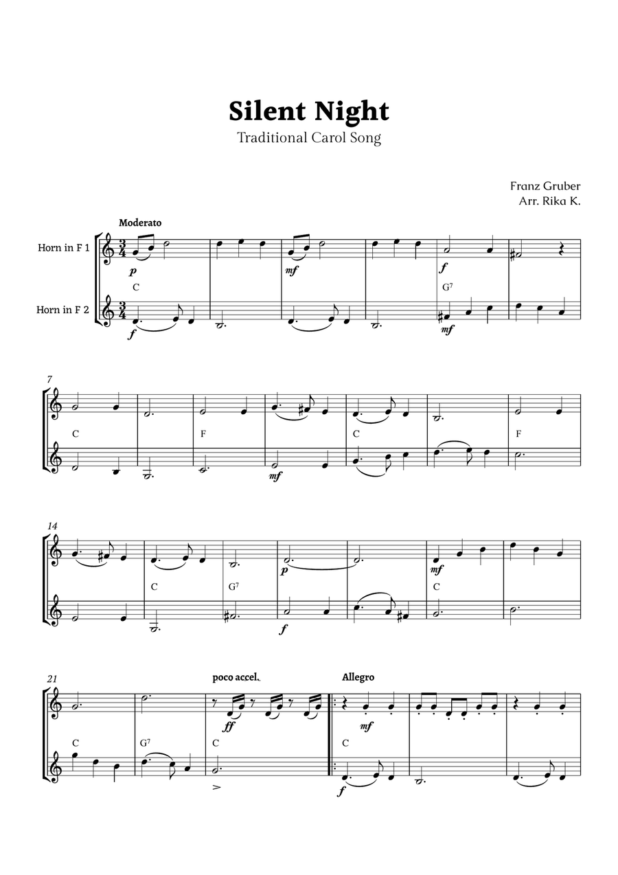 Silent Night for French Horn Duet Brass Duet scores gallery preview page 1
