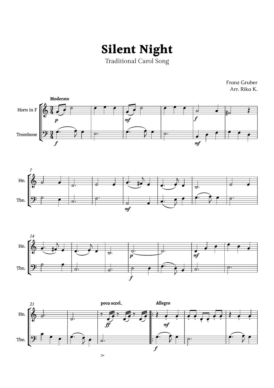 Silent Night for French Horn and Trombone Duet Brass Duet scores gallery preview page 1