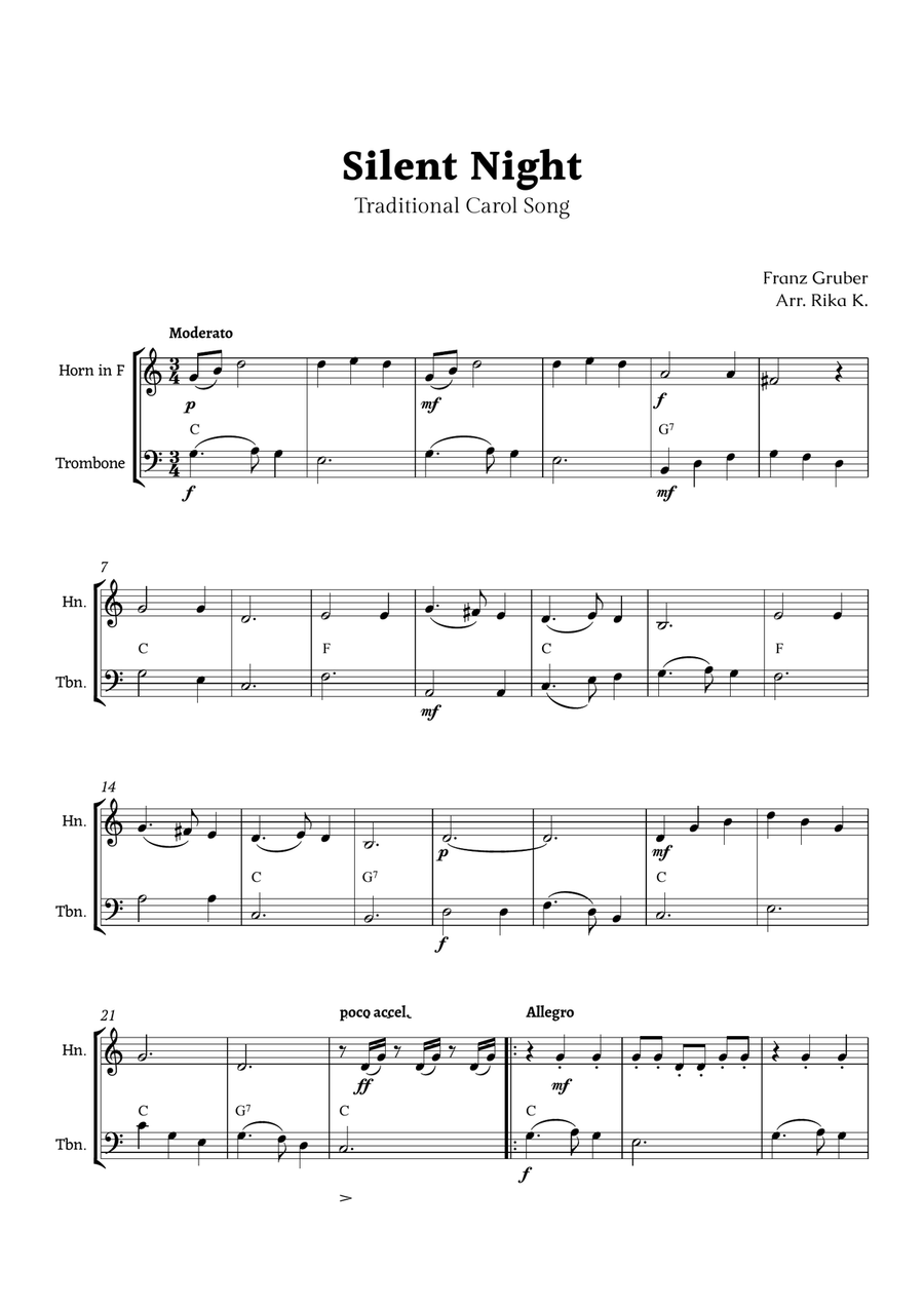 Silent Night for French Horn and Trombone Duet Brass Duet scores gallery preview page 1