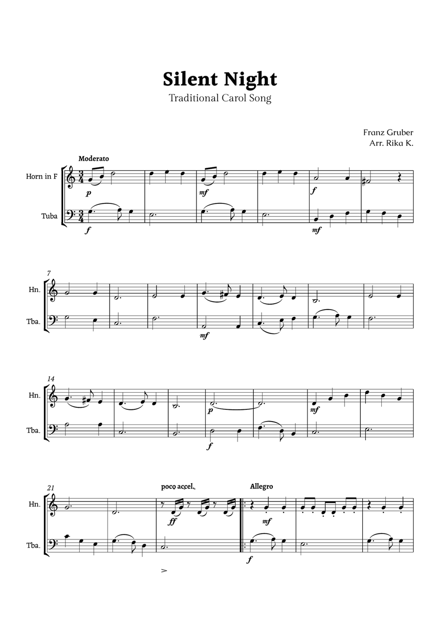 Silent Night for French Horn and Tuba Duet Brass Duet scores gallery preview page 1