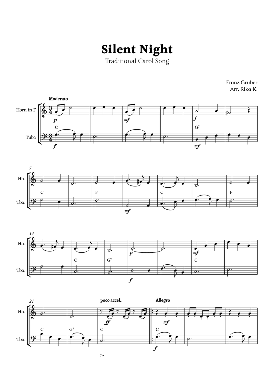 Silent Night for French Horn and Tuba Duet Brass Duet scores gallery preview page 1