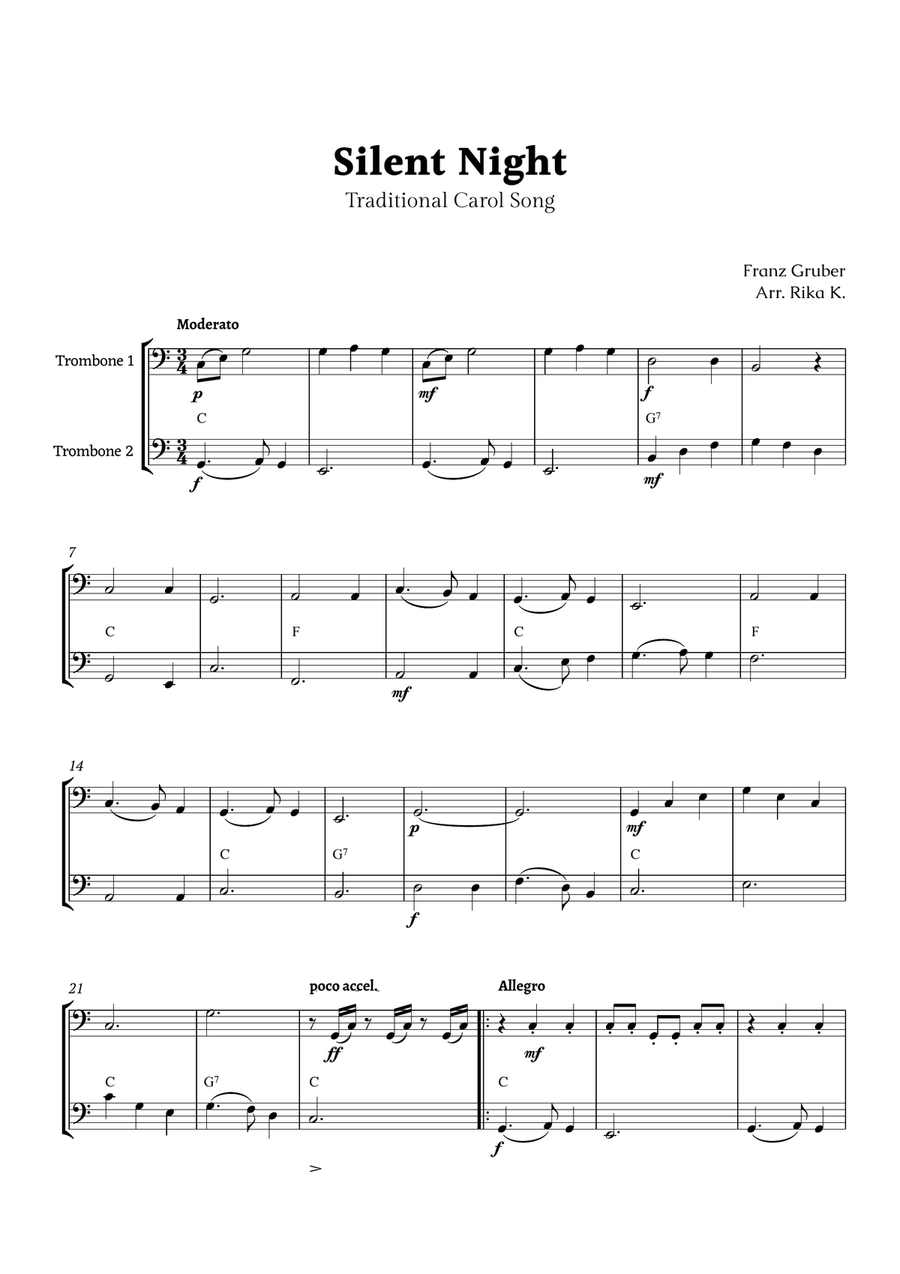 Silent Night for Trombone Duet Trombone Duet scores gallery preview page 1